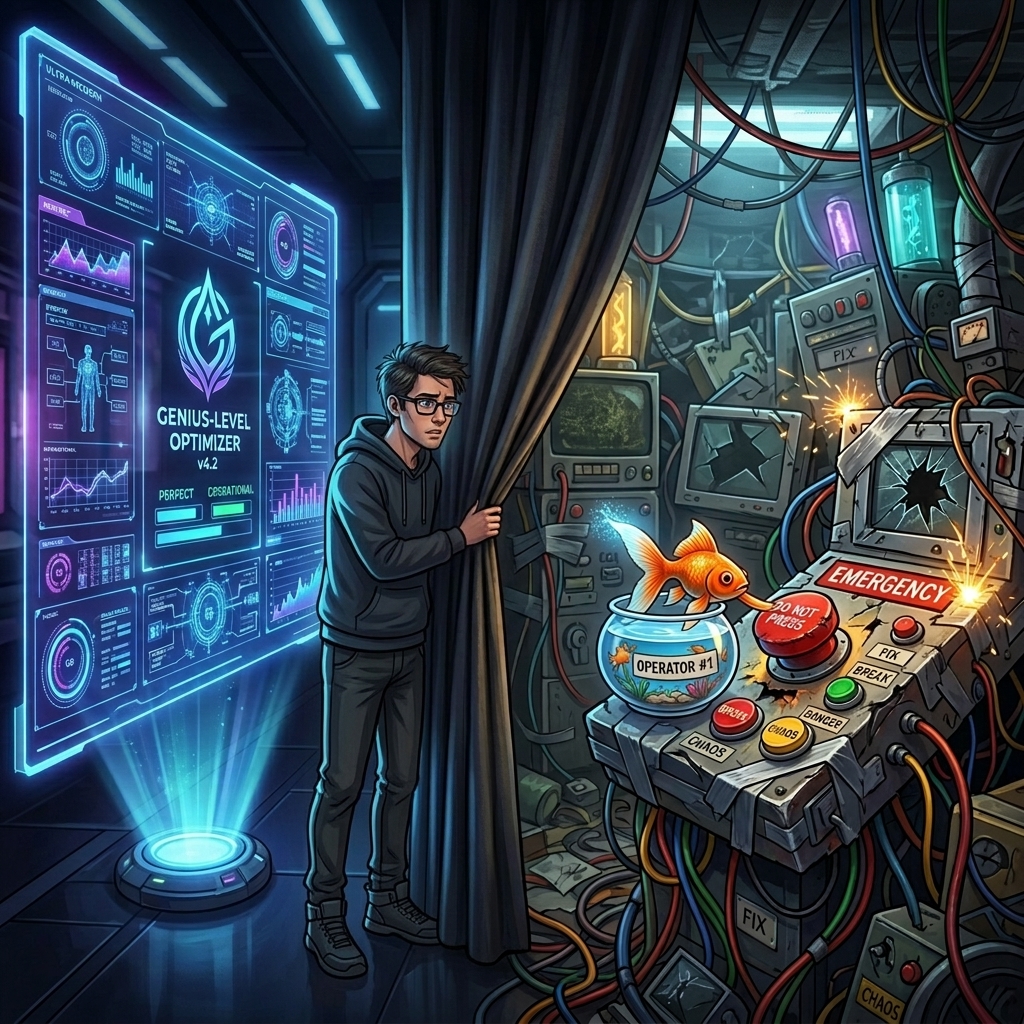 A brilliantly polished futuristic app hologram on the front, but pulling back the curtain reveals an operational disaster of duct tape, tangled wires, and a tiny goldfish randomly pushing buttons.